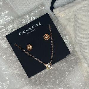 COACH Open Circle Necklace & Tea Rose Stud Earrings, New with Dust Bag